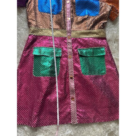 Queen of Sparkles Metallic Colorblock Dress Button Front short sleeve Large - Picture 11 of 12